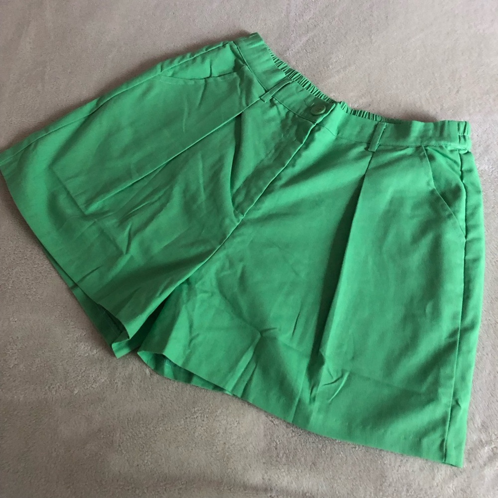 easel shorts pleated lined cotton linen high waist bright signal green - Picture 3 of 11